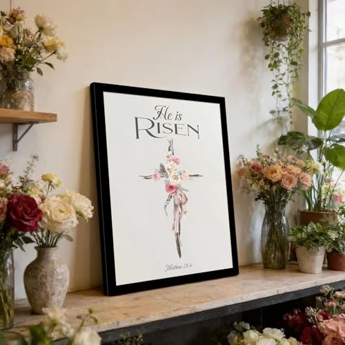 dzbLuck He Is Risen Christian Wall Art, Floral Cross Print in Wood Frame - color: Cross, size: 8"L x 10"W