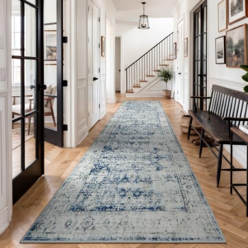 Morebes Extra Long Hallway Runner Rug 12ft, Gray Washable Kitchen Rugs Runner Non-Slip, Vintage Carpet Runner for Hall Entryway Corridor Laundry Room, Soft Low Pile Indoor Rug(2.5x12, Blue-Gray) - color: Blue/Multi, size: 2.5' x 12' (Runner)