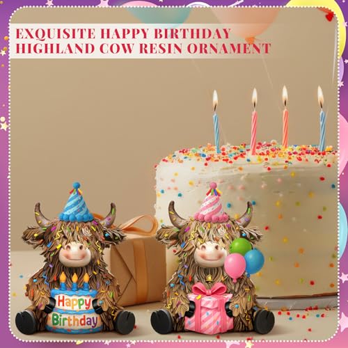 2 Pcs Resin Highland Cow Figurine Decor, Happy Birthday Theme - style: Happy Birthday