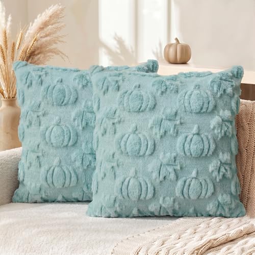 AVOIN colorlife Blue Pumpkin Fall Throw Pillow Covers 18x18 Inch - color: Blue Maple, size: 18" x 18" (Pack of 2)