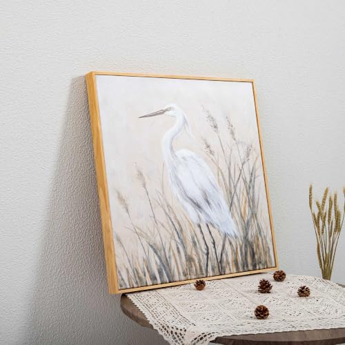 Eonzeun Framed Textured Canvas Wall Art, 24x24 Inch Wabi-Sabi Neutral Tone Egret Painting for Living Room, Dining Room, Office - color: Egret-1, size: 24"L x 24"W