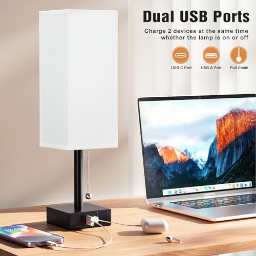 Set of 2 White Bedside Table Lamps for Bedroom - Nightstand Lamp, USB C+A - color: White & Black (2PCS), size: 14.3in