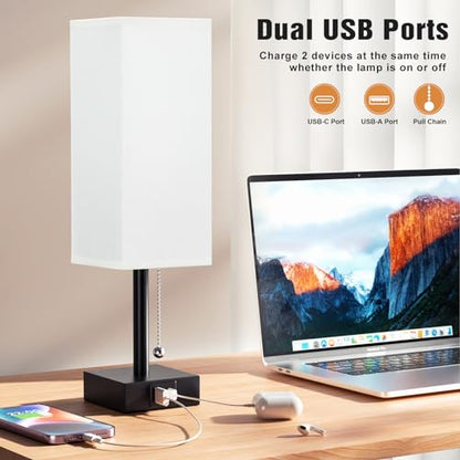 Set of 2 White Bedside Table Lamps for Bedroom - Nightstand Lamp, USB C+A - color: White & Black (2PCS), size: 14.3in