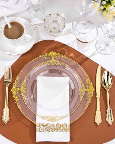 Nervure 350Pcs Clear Gold Plastic Plates, Dinnerware Sets for 50 Guests - color: Clear and Gold