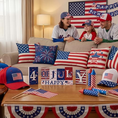 Smile Happy 4th of July Wooden Letter Block Set, 7-Piece Patriotic Tiered Tray Tabletop Decor for Independence Day - style: 4th of July