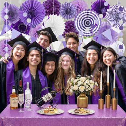 24 Pcs Purple Birthday Decorations Kit, Paper Fans Pom Poms Banner 8-16 in - color: Purple, Lavender, White