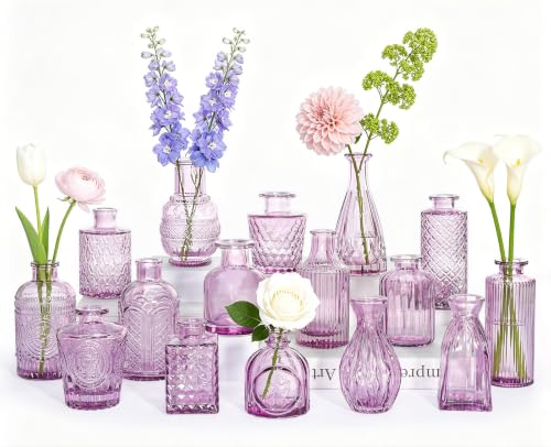 SUPMIND 16 Small Purple Glass Bud Vase, Flower Vase for Table Centerpieces - color: Purple
