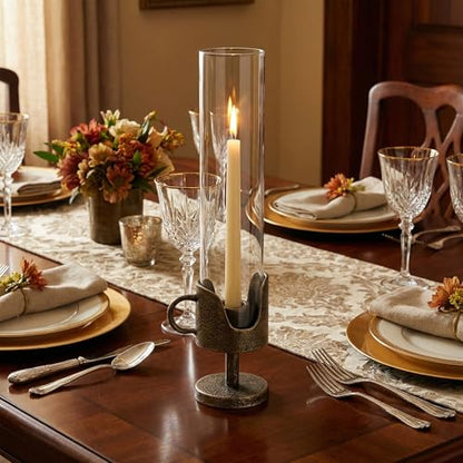 Handcrafted Cast Iron Base Hurricane Candle Holder with Glass Shade