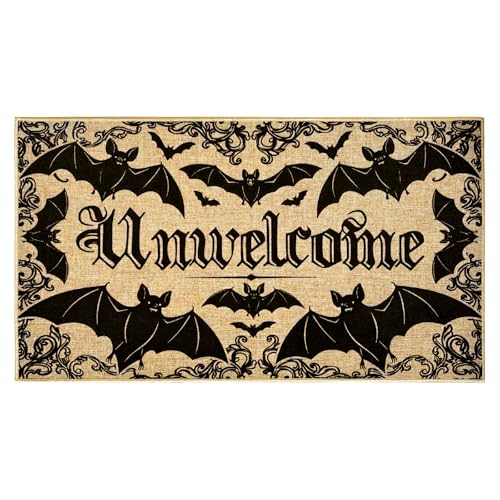 Unwelcome Halloween Doormat Outdoor Indoor Entrance Black Bat Doormat Front Back Door Welcome Door Mat Entryway Floor Mat Inside Outside Non Slip Carpet Porch Hallway Rug Housewarming Gift - color: Halloween