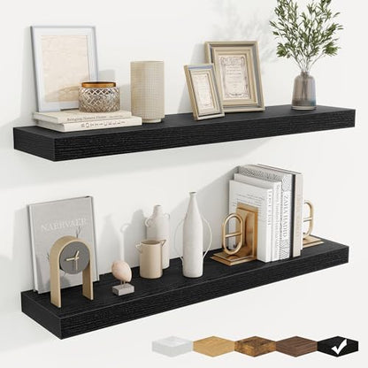 Floating Shelves for Wall, Wall Mounted Wood Shelves, Black, Set of 2, 36in - color: Black, size: 36"W x 6.5"D , 2 Pack