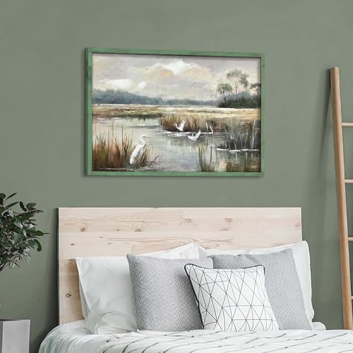 HILL WEST Rustic Landscape Painting Lake Bird Framed Wall Art, 36x24inch - color: Bird, size: 36"L x 24"W