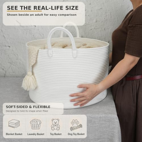 XUANGUO 66L Large Blanket Basket, Round Cotton Rope Basket, White - color: white