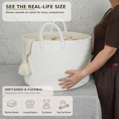 XUANGUO 66L Large Blanket Basket, Round Cotton Rope Basket, White - color: white