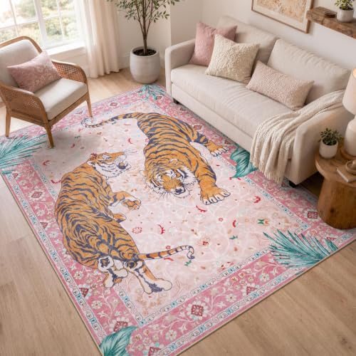 Moynesa Pink Tiger 5x7 Rug for Living Room, Washable Boho Bedroom Area Rug - color: Pink, size: 5' x 7' (Rectangular)