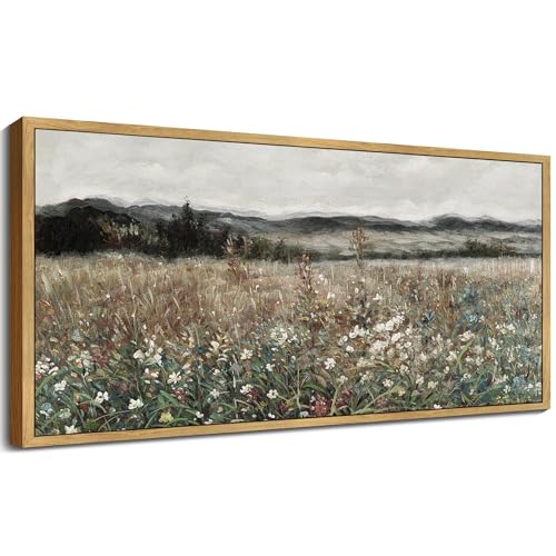 KUVIOKE Vintage Landscape Framed Wall Art Meadow Sea of Flower Wall Prints Classic Retro Farmhouse Rustic Decorations for Living Room Bedroom 8x16in (Natural Framed) - color: Wildflower, size: 16"L x 8"W