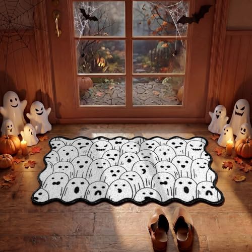 Dunzy Halloween Doormat Ghost Black and White Scalloped Welcome Mat - style: White Ghost