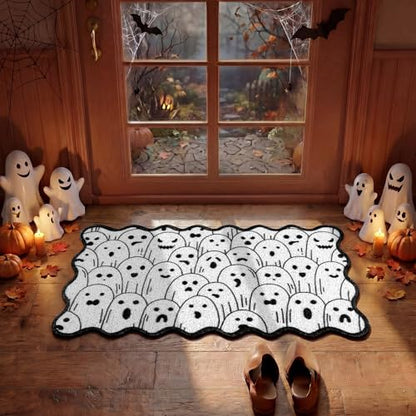 Dunzy Halloween Doormat Ghost Black and White Scalloped Welcome Mat - style: White Ghost