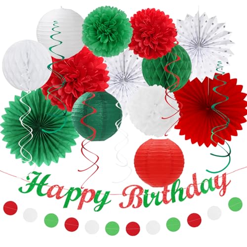 Red White Green Mexican Christmas Birthday Party-Decorations - 21pcs Happy Banner,Paper Lanterns Honeycomb,Tissue Pom Poms Flower Fan,Italian Kids Classroom Hanging Streamers Garland Decor Huglony - color: Red White Green