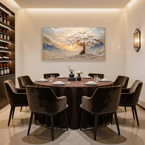 imjiayu White Blossom Tree Mountain Landscape Art, Serene Sunset Painting - color: Mountain Sun Tree, size: 48"L x 24"W