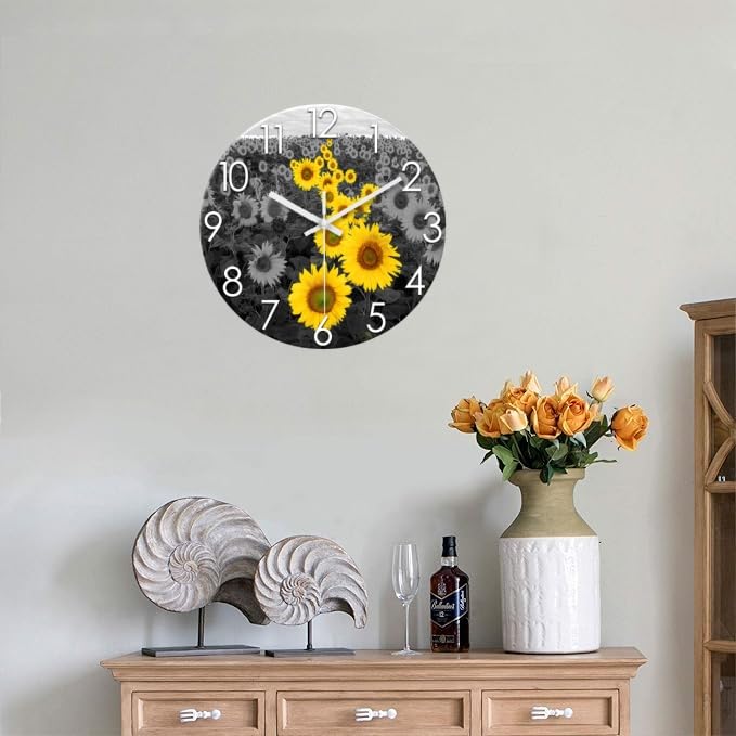 XFM Sunflower Kitchen Wall Clock 12 Inch Silent Non Ticking - color: Yellow1, size: 12 Inch