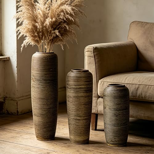 Brown Rustic Ceramic Floor Vase, 15.7 Inch, Ribbed Texture - size: 15.7 Inch