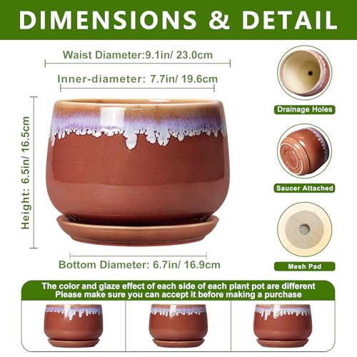 9 Inch Ceramic Planter, Indoor Planters with Drainage, Red-Purple - size: 9 Inch, style: Red-purple