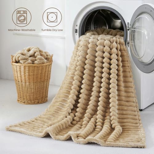 Taliska Ribbed Fleece Throw Blanket for Bed, Khaki, 90"x90" - color: Khaki, size: Throw(90"x90")