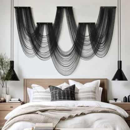 Black Macrame Wall Hanging 5 Panel Boho Wall Decor Fiber Art 68"W *46"L - color: Black