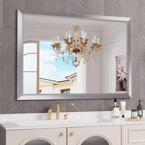Amorho Bathroom Mirror for Wall 50x36 Inch, Brushed Silver Metal Framed - color: Silver, size: 50"L x 36"W