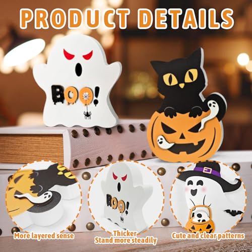 RCHCUDI 3 Piece Style Cute Wooden Ghosts Halloween Decorations indoor Table Decorations Cute Pumpkin Cat Signs Wizard Hat Wooden Blocks Boo Ghost Sign