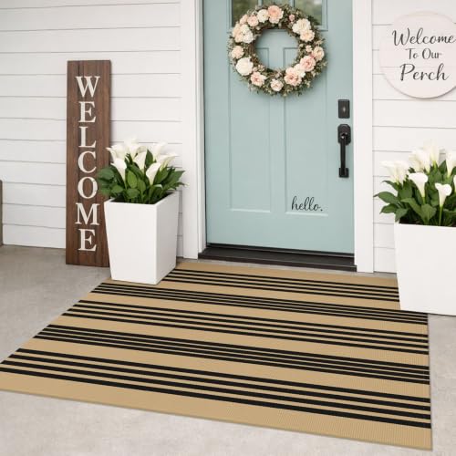 KILOCOCO Striped Rug 3x5 ft Washable Woven Front Door Rug, Brown and Black - color: Brown and Black Stripe, size: 3' x 5' (Rectangular)