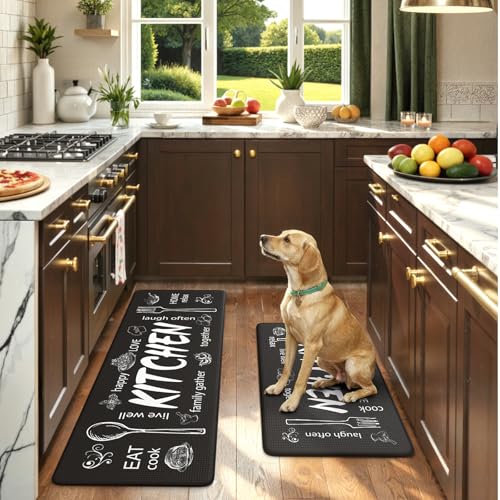 KIMODE Kitchen Mats 2PCS,Cushioned Anti Fatigue Farmhouse Kitchen Rugs Mats - color: Kitchen/Black, size: 47"L x 17.3"W x 0.47"Th + 29"L x 17.3"W x 0.47"Th