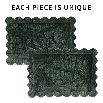 Scalloped Green Marble Tray - Large Home Decorative Stone Vanity Perfume Candle Plates for Bathroom Accessories Coffee Table, Key Dish for Kitchen Countertop Entryway (10.6" x 7.4" x 0.8")