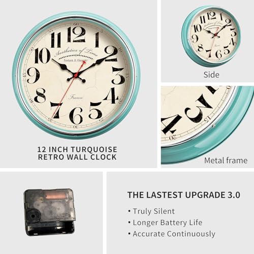 Countryside Wall Clock Metal 12.4" Vintage Retro Wall Clocks Silent Non Ticking Easy to Read for Living Room, Kitchen, Bedroom, Office, Bar(12.4" Turquoise) - color: Turquoise