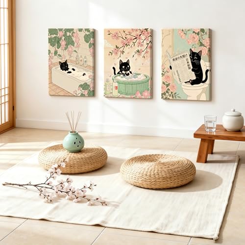 WENGTIAO 3Pcs Japanese Funny Black Cat Bathroom Wall Art Prints 16"x24" - color: Black Cat Bathroom, size: 16"x24"x3Pcs