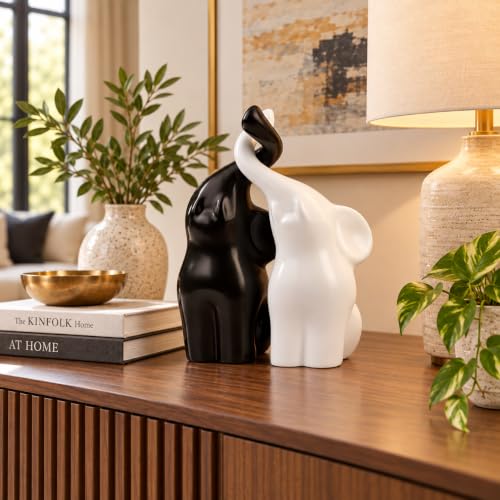 QINJIEJIE Elephant Statue Loving Elephant Gift 14th Anniversary for Couples - color: Black & White