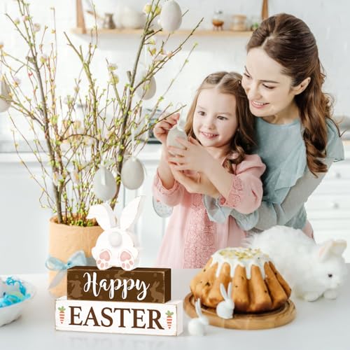 Happy Easter Bunny Table Sign Decorations, Easter Wooden Block Tabletop Centerpiece Signs, Rustic Farmhouse Spring Bunny Holiday Decorations for Tiered Tray Home Decor 3 Layered