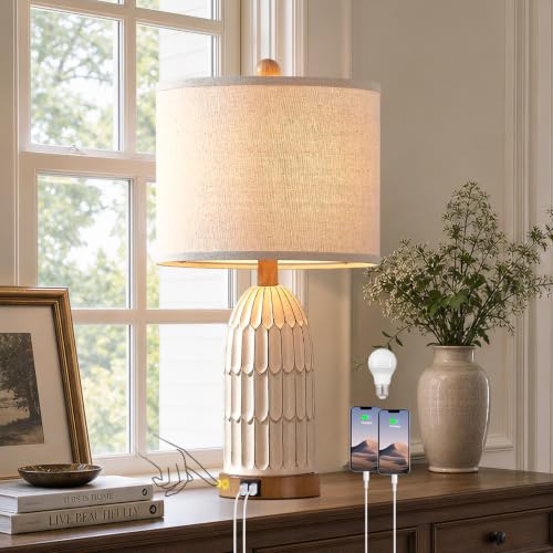 Cinkeda Touch Table Lamp for Bedroom Nightstand, Cream Farmhouse Vintage Rustic 3-Way Dimmable Bedside Lamps with 2 USB Charging Ports,Single Cream - color: Cream-1P