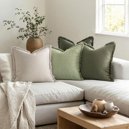 MIULEE Fall Linen Fringe Pillow Covers Set of 4 18x18 Beige/Sage Green - color: Sage Green, size: 18" x 18" (Pack of 4)
