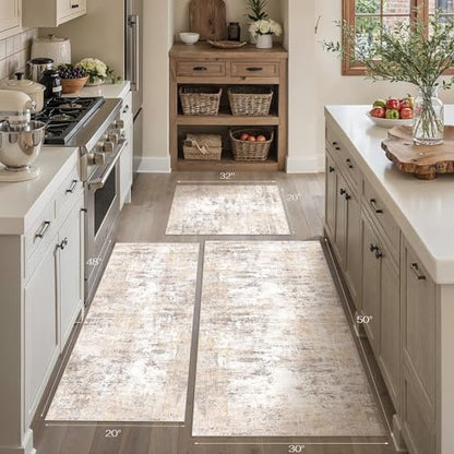 Washable Beige Grey Neutral Kitchen Runner Rug Set of 3 - color: Abstract | Beige Grey, size: 20"x32"+20"x48"+30"x50"