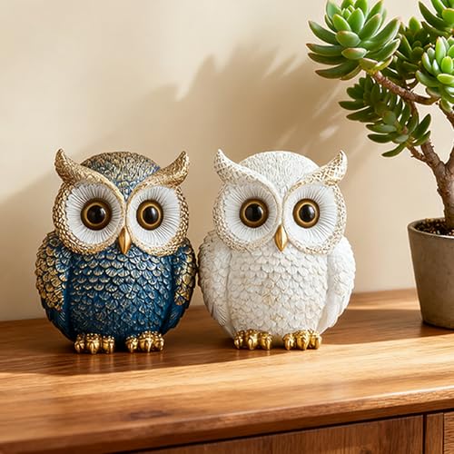 Baitiane Owl Statue Home Decor, Decorative Owls Figurine for Bookshelf - color: Blue&white