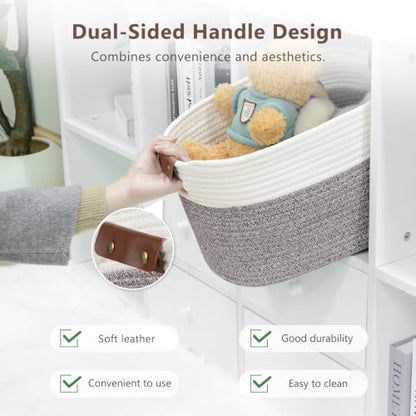 ECDYQXVU 15x10x9 Woven Cotton Rope Storage Basket, Leather Handles 1 Pack - color: White/Brown-1 Pack, size: 1 Pack