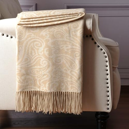 CUDDLE DREAMS Premium Cashmere Throw Blanket with Fringe (Paisley Beige) - color: Paisley Beige