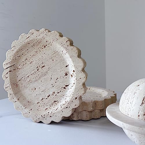 Travertine Marble Tray Round Scalloped Tray Small Serving Platter for Counter, Bathroom, Kitchen, Nightstand, Jewelry Ring Dish Holder (Beige Travertine) - color: Beige Travertine