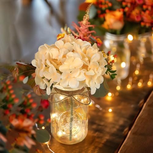 Set of 3 Mason Jar Lights, Champagne Hydrangea Holiday Table Decor - color: Jar-champagne Hydrangea