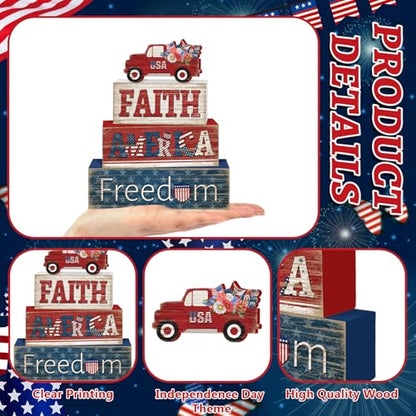 Britimes Tiered Tray Decor Set, 4 Pack, Wooden Table Sign, Independence - style: Independence Day Car