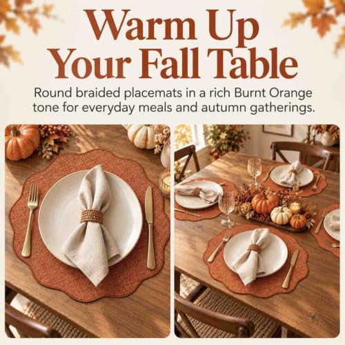 AHHFSMEI Round Scalloped Placemats Set of 6 15 Inch Faux Linen - color: Burnt Orange