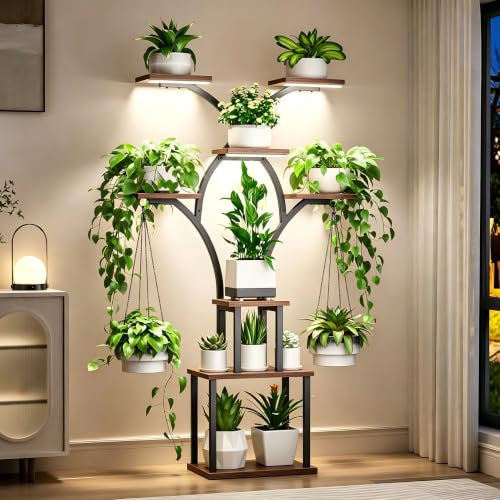 Elbourn Plant Stand Indoor with Grow Light - 8 Tiered 60" Plant Shelf - color: Brown