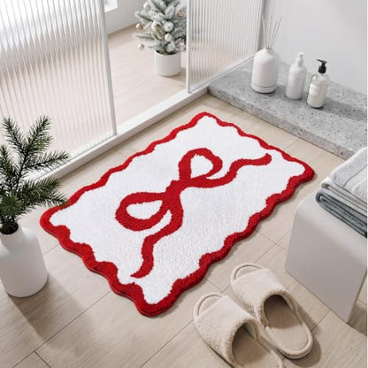 Tinideya Red Bow Bathroom Rug 20" x 32" Scalloped Bow Bath Mat - color: Red, size: 12" x 1'1"