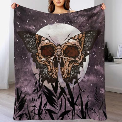 Death Moth Blanket, Boho Gothic Skull Moth Purple Starry Plant Full Moon Mysterious Witchy Throw Blanket for Couch Sofa Office Bed Travelling Bed Throws, 30"x40" - color: Death Moth, size: 30"x40"